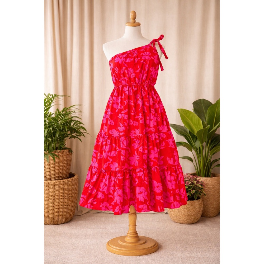 PrettyGarden Dress Womens XXL Red Pink Floral One Shoulder Tiered Maxi Boho